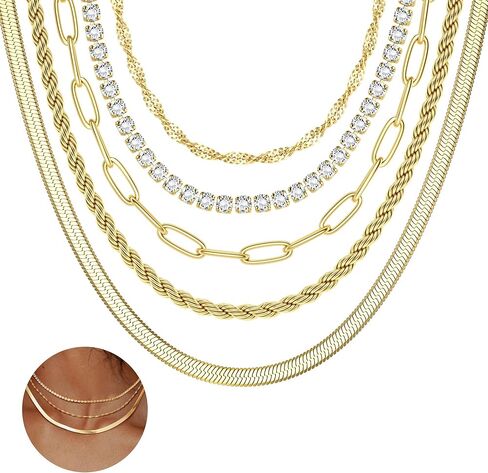 ORAZIO قلادات بطبقات ذهبية للنساء 14 قيراط مطلية بالذهب قلادة متعرجة أنيقة على شكل ثعبان ورقي سلسلة طبقات قلادات ذهبية قلادة مجموعة مجوهرات in Kuwait