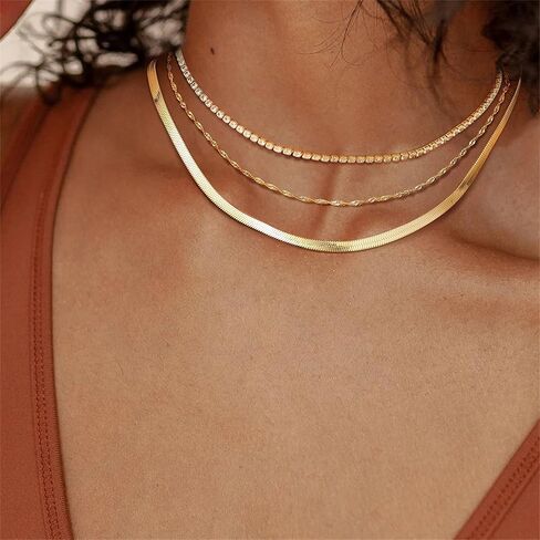 ORAZIO قلادات بطبقات ذهبية للنساء 14 قيراط مطلية بالذهب قلادة متعرجة أنيقة على شكل ثعبان ورقي سلسلة طبقات قلادات ذهبية قلادة مجموعة مجوهرات in Kuwait