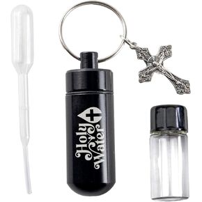 Catholic Holy Water Bottles with Eyedropper, Bulk Set of 10 Kits, Small Empty Glass Container Vial with Black Screw Top Metal Keychain Holder & Crucifix Cross Pendant, Botellas Para Agua Bendita