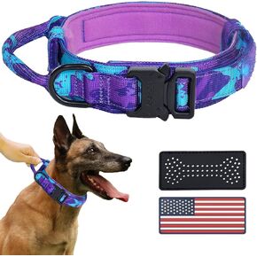Hotsky Tactical Dog Collar with Handle for Large Medium Dogs,Upgrate Heavy Duty Military Training Nylon Adjustable Collar with Metal Buckle and Two Patches for Camouflage Fans（Pink Camo,L）