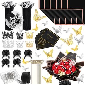 Weraher 178 Pcs Flower Wrapping Paper Kit,Pearl Edge Bouquet Paper, Florist Supplies with Butterfly Decoration Crowns Ribbons Bouquet Pin Glue for DIY Craft Mother's Day Birthday Party (White)