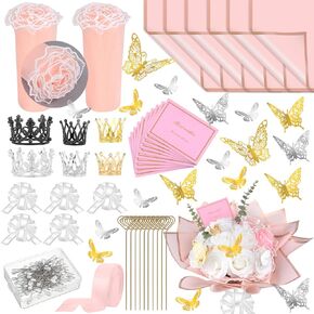 Weraher 178 Pcs Flower Wrapping Paper Kit,Pearl Edge Bouquet Paper, Florist Supplies with Butterfly Decoration Crowns Ribbons Bouquet Pin Glue for DIY Craft Mother's Day Birthday Party (White)