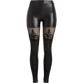 Punk Rave Women's Victorian Style Macbeth Faux Leather Look Leggings with Lace