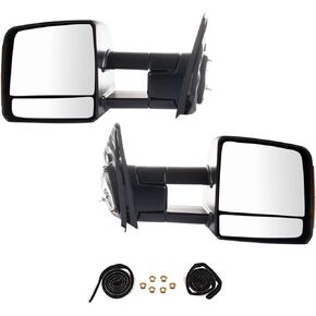 Trail Ridge Towing Mirror Pair Power Heated Amber LED Signal Clearance Light Manual Folding Manual Telescoping Textured Black Finish for 2007-19 Toyota Tundra