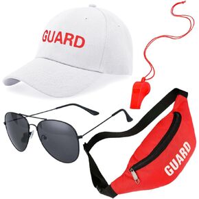 4 Pcs Guard Costume Set Include White Printed Hat Fanny Pack Whistle and Sunglasses for Adults Beach Dress Up