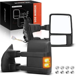 A-Premium Pair (2) Towing Mirrors - Compatible with 1999-2007 Ford F-250 F-350 F-450 F-550 Super Duty, 2001-2005 Excursion - Manual Folding Heated - with Turn Signal Indicator - Telescoping Black