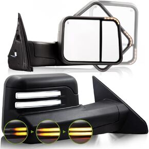 Towing Mirrors for 2002-2008 Dodge Ram 1500, 2003-2009 Ram 2500 3500, Switchback Turn Signal Light Running Light Puddle Lamp Heated Power Glass, Manual Flip Up Tow Mirrors Set
