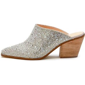 Women's Rhinestone Block Heel Mules Fashion Pointed Toe Slip on Backless Chunky Stacked Heel Dress Sandals