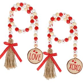 Whaline 2Pcs Valentine's Day Wood Bead Garland with Love Wood Tags Rustic Heart Dot Printed Red White Wooden Beads Romantic Farmhouse Hanging Ornament for Valentines Wedding Tiered Tray Party Decor