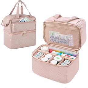 Damero Double Layers Pill Bottle Organizer Empty, Lockable Medicine Storage Bag Medication Travel Bag with 4 Customized Dividers for Prescription Bottles, Medical Supplements,Misty Rose