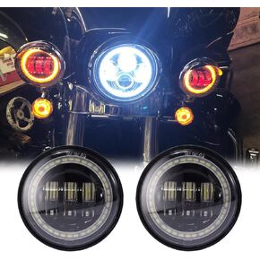 LX-LIGHT Black 4.5 Inch Round LED Passing Fog Lights With Red Demon Eyes/White DRL/Amber Turn Signal Halo Compatible with H arley Motorcycles