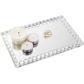Rectangular Mirror Tray Crystal with Bead Diamond Shape Trim for Bathroom Vanity, Decorative Serving Tray for Coffee Table, Home Decor, Candles, Jewelry (9x6x1 in) in Kuwait