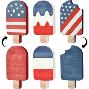 3 Pieces 4th of July Retro Tiered Tray Decor, Patriotic Wood Popsicle Sign, Red White and Blue Decorations for Independence Day, Reversible Rustic Tabletop Decor Double -sided for Home Table (Vintage)