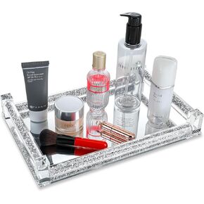 Glass Mirrored Perfume Vanity Tray Crushed Diamond Filled Crystal Decorative Tray Rectangle Makeup Tray Jewelry Organizer Tray for Bathroom Bedroom