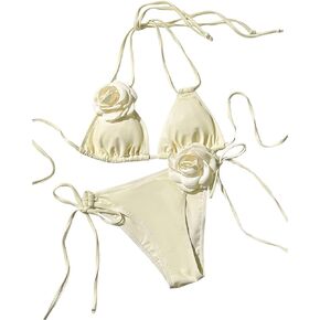 Women's 2 Piece Bathing Suit Floral Appliques Halter Tie Back Triangle Bikini High Waisted Bathing Suit