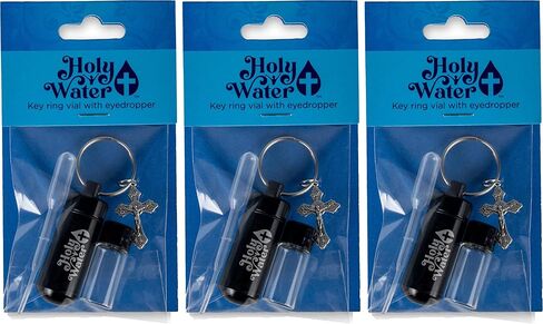Catholic Holy Water Bottles with Eyedropper, Bulk Set of 10 Kits, Small Empty Glass Container Vial with Black Screw Top Metal Keychain Holder & Crucifix Cross Pendant, Botellas Para Agua Bendita in Kuwait