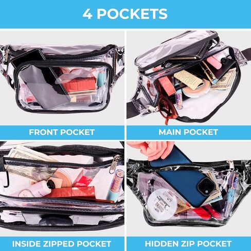 Clear Fanny Pack Stadium Approved - 4 Zip Pockets - XL Size Friendly - Clear Belt Bag or Clear Crossbody Bag Adjustable Waist Strap - Clear Bag Stadium Approved - 11’x5.9’x3.6 in Saudi Arabia