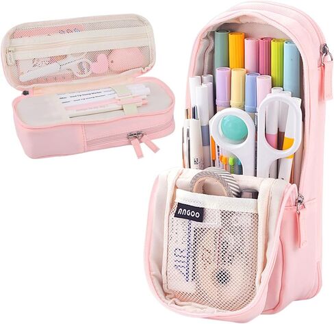 iSuperb Standing Pencil Case 2 Compartments Pencil Pouch Large Capacity Pen Bag Phone Holder Mobile Phone Bracket Stationery Pouch for Women (Light Pink) in Saudi Arabia