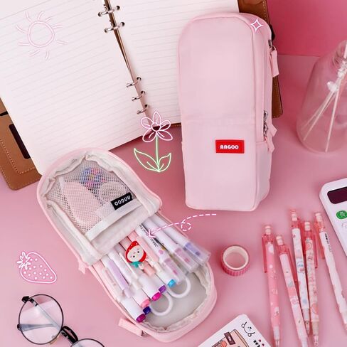 iSuperb Standing Pencil Case 2 Compartments Pencil Pouch Large Capacity Pen Bag Phone Holder Mobile Phone Bracket Stationery Pouch for Women (Light Pink) in Saudi Arabia