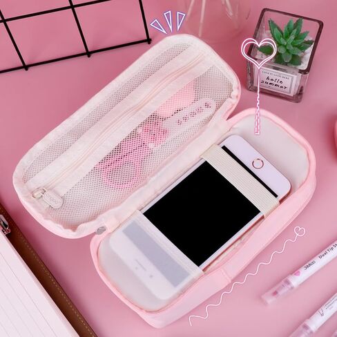 iSuperb Standing Pencil Case 2 Compartments Pencil Pouch Large Capacity Pen Bag Phone Holder Mobile Phone Bracket Stationery Pouch for Women (Light Pink) in Saudi Arabia