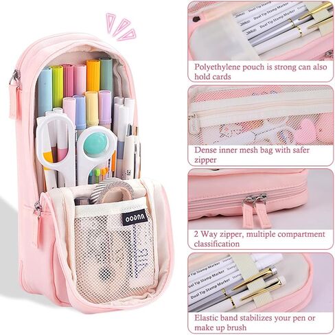 iSuperb Standing Pencil Case 2 Compartments Pencil Pouch Large Capacity Pen Bag Phone Holder Mobile Phone Bracket Stationery Pouch for Women (Light Pink) in Saudi Arabia