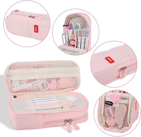 iSuperb Standing Pencil Case 2 Compartments Pencil Pouch Large Capacity Pen Bag Phone Holder Mobile Phone Bracket Stationery Pouch for Women (Light Pink) in Saudi Arabia