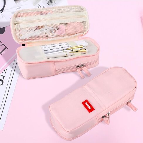 iSuperb Standing Pencil Case 2 Compartments Pencil Pouch Large Capacity Pen Bag Phone Holder Mobile Phone Bracket Stationery Pouch for Women (Light Pink) in Saudi Arabia