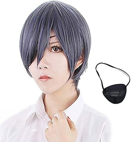 شعر مستعار Ciel Phantomhive، شعر مستعار أسود بتلر مزيج اللون قصير مستقيم شعر مستعار Ciel + غطاء شعر مستعار + رقعة عين سوداء in Kuwait