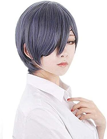 شعر مستعار Ciel Phantomhive، شعر مستعار أسود بتلر مزيج اللون قصير مستقيم شعر مستعار Ciel + غطاء شعر مستعار + رقعة عين سوداء in Kuwait