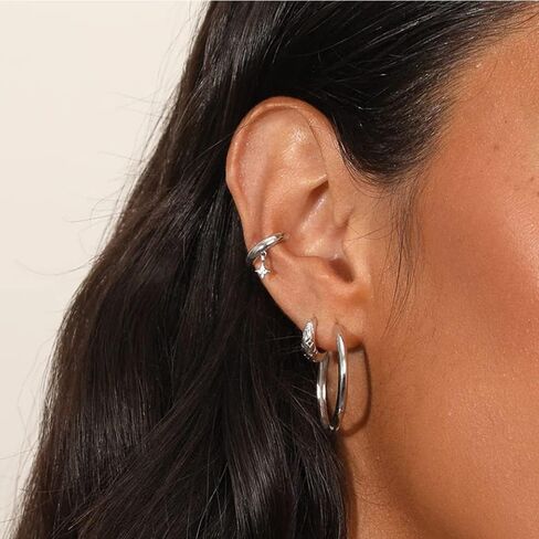 Star CZ Ear Cuff Wrap Clip On Earrings for Women Girls Non Pierced 18K Real Gold Plated Fashion Cute Minimalist Fake Small Hoop Huggie Cartilage Earring Hypoallergenic Gifts 1Pc in Saudi Arabia