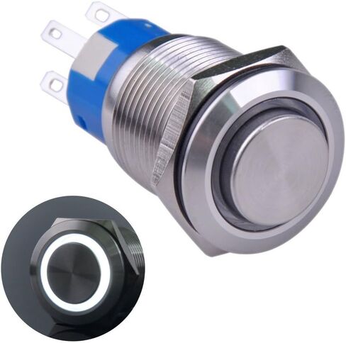 Ulincos® Latching Push Button Switch U19C2 1NO1NC SPDT ON/Off Silver Stainless Steel Shell with Blue LED Ring Suitable for 19mm 3/4" Mounting Hole (Blue) in Kuwait
