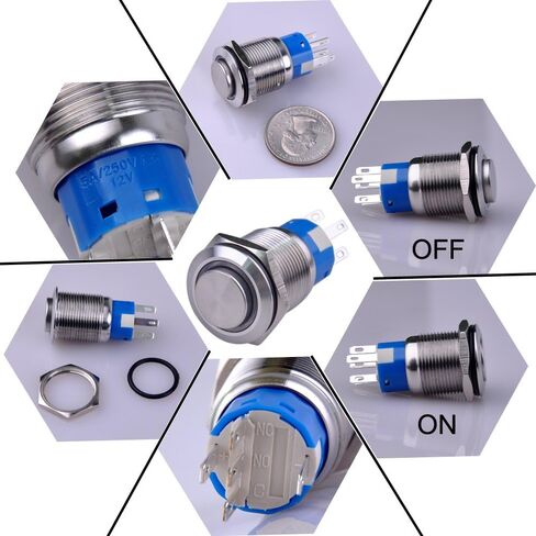Ulincos® Latching Push Button Switch U19C2 1NO1NC SPDT ON/Off Silver Stainless Steel Shell with Blue LED Ring Suitable for 19mm 3/4" Mounting Hole (Blue) in Kuwait