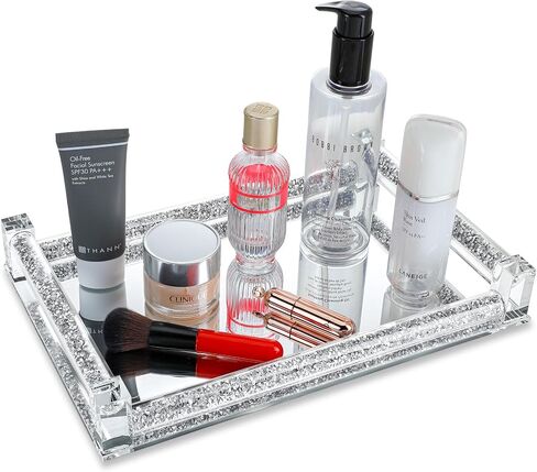 Glass Mirrored Perfume Vanity Tray Crushed Diamond Filled Crystal Decorative Tray Rectangle Makeup Tray Jewelry Organizer Tray for Bathroom Bedroom in Saudi Arabia