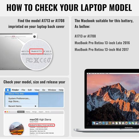 NinjaBatt A1713 A1708 Replacement Battery for MacBook Pro 13-inch A1708 (Late 2016,Mid 2017 Years) - [4781mAh/54.5Wh/11.4V ] in Saudi Arabia