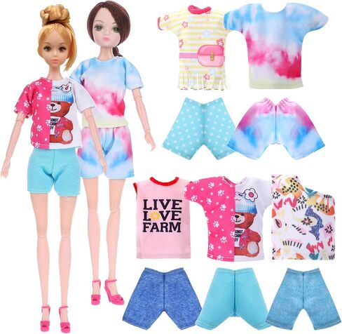 5 Pieces Doll Clothes, 12 Inch Girl Doll Clothes Accessories Cotton Summer Tops Swimwear Robe Doll T Shirt Dress Regular Outfit Doll Clothing (Shorts) in Saudi Arabia