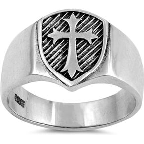 Sterling Silver Men's Solid Medieval Shield Cross Band Ring Sizes 6-13