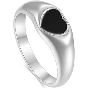 Stainless Steel Black Heart Signet Promise Anniversary Statement Engagement Wedding Ring