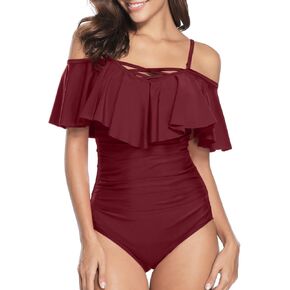 Holipick Women Off Shoulder One Piece Swimsuits Tummy Control Bathing Suits Vintage Ruffle Swimwear Teen Girls
