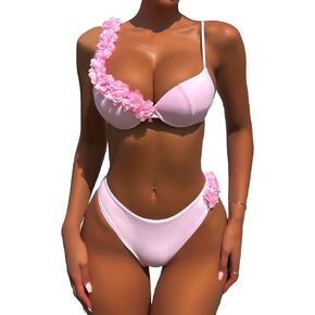 OYOANGLE Women's 2 Piece Swimsuits 3D Floral Appliques Sleeveless Spaghetti Straps Swimwear Underwire Bikini Sets