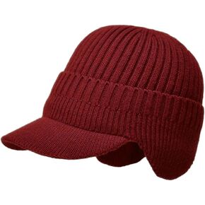 MINAKOLIFE Men's Winter Visor Beanie Hat with Earflaps Knit Baseball Cap with Brim Ski Hat Warm Fleece Lined Hunting Hat