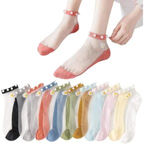 Enfudid 10 Pairs Women Socks Summer Ultra-Thin Cass Glass Stockings Daisy Translucent Tulle Socks Pearl Mesh Patchwork Socks