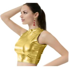 SACASUSA Shiny Metallic Stretchy Leather Liquid Look Croptop Sleeveless Tights Sexy Tank Shirt Disco Party
