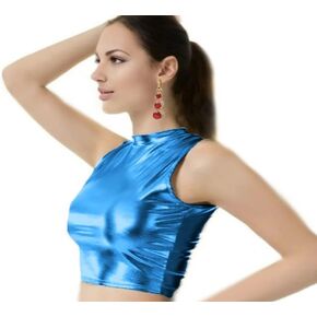 SACASUSA Shiny Metallic Stretchy Leather Liquid Look Croptop Sleeveless Tights Sexy Tank Shirt Disco Party