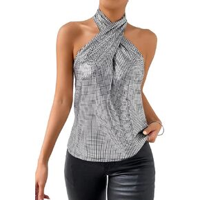 WDIRARA Women's Contrast Sequin Tank Top Criss Cross Tee Halter Sleeveless Tops