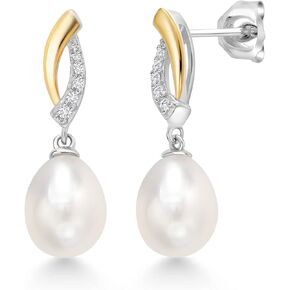 Gem Stone King 925 Sterling Silver and 10K Yellow Gold 9X7MM Cultured Freshwater Pearl and Lab Grown Diamond Dangle Earrings For Women