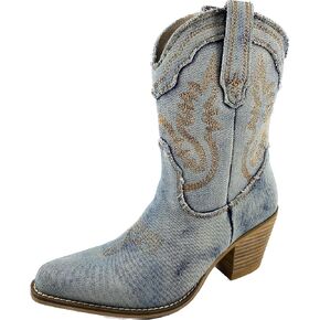 ARIDER GIRL Jeans 8 inch Women's Stacked Heel Snip Toe Western Denim Embroidery Ankle Boots