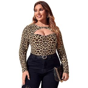 WDIRARA Women's Plus Size Leopard Print Cut Out Long Sleeve Slim Fit Shirt Sexy Tee Top in Kuwait
