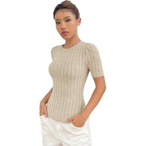 SweatyRocks Women's Short Sleeve T Shirt Round Neck Solid Ribbed Knit Tee Top