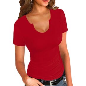 Afibi Womens Tops V Neck Summer Short Sleeve Casual Slim Fitted Tshirt Ribbed Basic Tee Tops