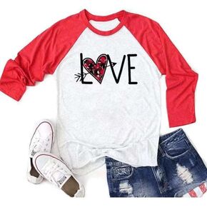 Valentine's Day Shirt Long Sleeve Love Heart Leopard Print T-Shirt 3/4 Sleeve Raglan Tops for Women